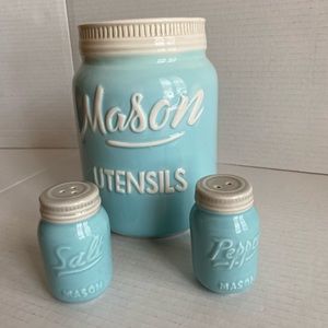Blue Ceramic Mason Jar Utensil Crock - Retro Farmhouse with Salt Pepper Shakers